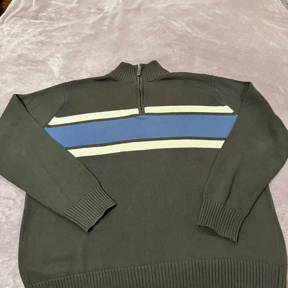 Eddie Bauer Men's XL Gray 1/4 Zip-Up Sweater with Blue & White Stripes. EUC.